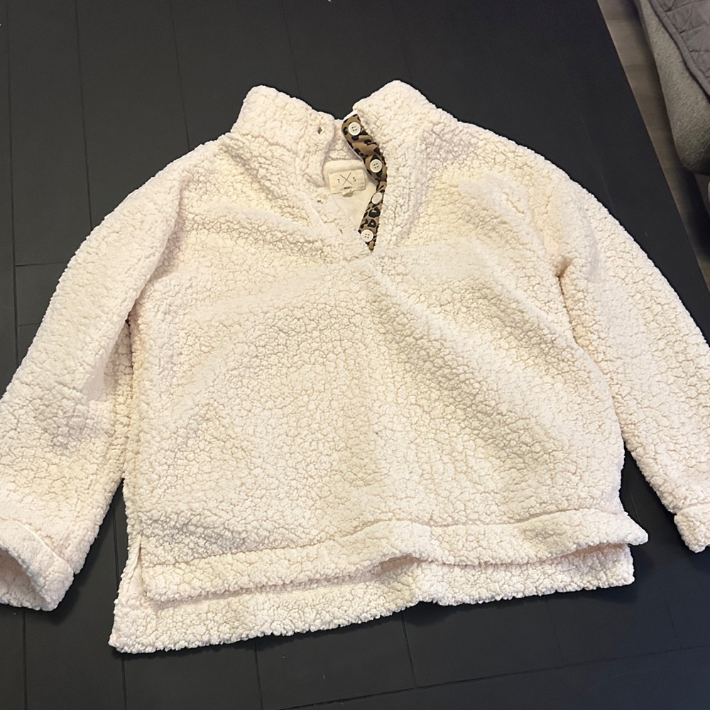 Cream Sherpa Pullover with Leopard Trim